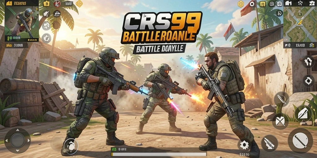 Screenshot utama CRS99 menampilkan aksi intens dalam pertempuran Battle Royale.