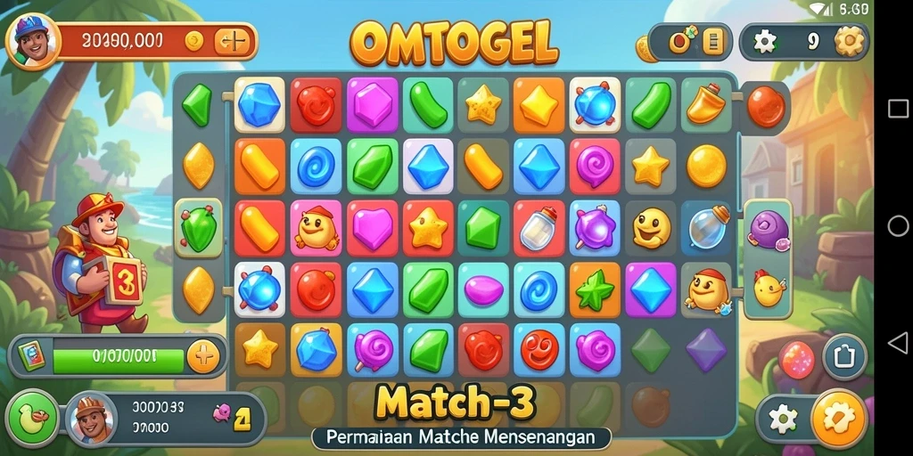 Screenshot gameplay OMTOGEL menunjukkan aksi mencocokkan permata yang seru.