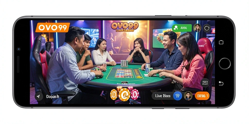 Tampilan gameplay langsung dari OVO99 yang menampilkan dealer dan interaksi pemain.