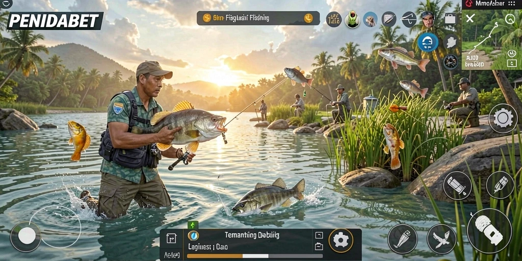 Screenshot PENIDABET menunjukkan pemain menangkap ikan di tengah pemandangan laut yang indah.