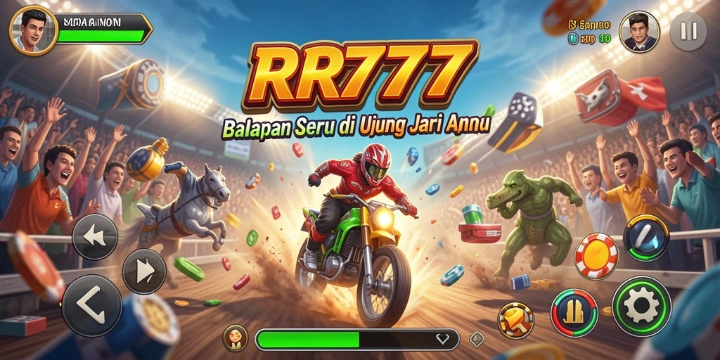 Screenshot gameplay RR777 yang menunjukkan aksi balapan yang mendebarkan.